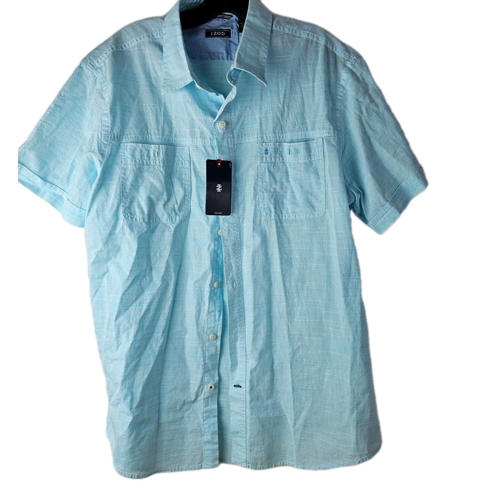 IZOD Mens Bachelor Button NWT $55‎ Large Blue Striped Short Sleeve Cotton Shirt